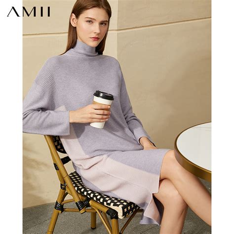Amii Minimalism Winter French Style Women S Fashion Dress Sweater Dress Loose Knee Length