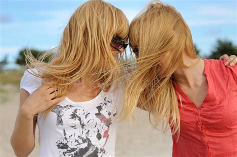 Two Lesbians Sisters Twins Beautiful Curly Blonde Young Woman In