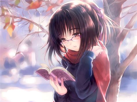 Estudiante leyendo conocimientos de un libro en la biblioteca. Fondos de pantalla : Anime, morena, gafas, leyendo, árbol, niña, libro, Mangaka 1600x1200 ...