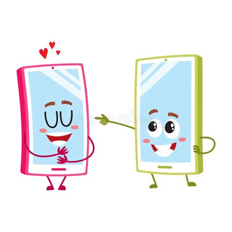 Cartoon Mobile Phone Characters One Showing Love Another Pointing