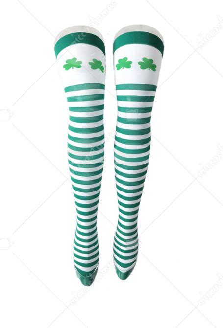 St Patricks Day Green And White Striped Thigh High Stockings With Shamrocks Striped Socks For