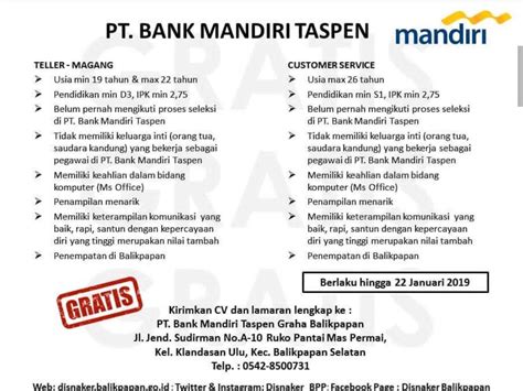 Bank mandiri taspen (bank mantap) berkomitmen membangun negeri melalui aktivitas bisnis dan sosial. PT Bank Mandiri Taspen - D3, S1 Teller, Customer Service Mandiri Group January 2019 - Lowongan ...