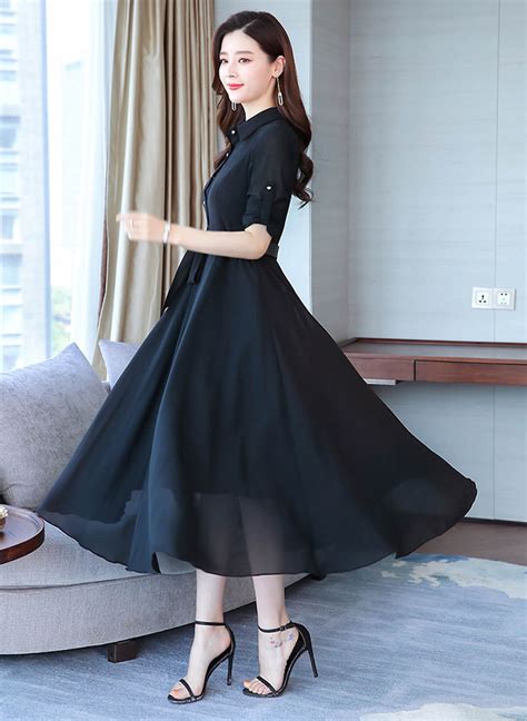 Miss36 Elegant Black A Line Chiffon Maxi Dress For Women