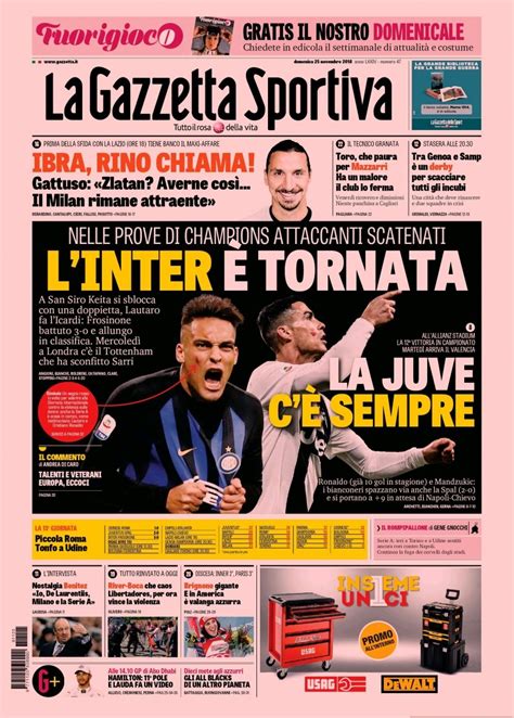 Fornisce le edizioni più aggiornate di ogni giornale per offrire una rassegna stampa sempre attuale, con i titoli di apertura delle maggiori testate presenti in edicola. Le prime pagine dei giornali sportivi del 25-11-2018 ...