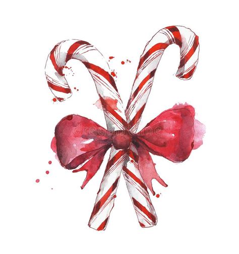 Candy Cane With Bow Tie Watercolor Painting Isolated On White Stock