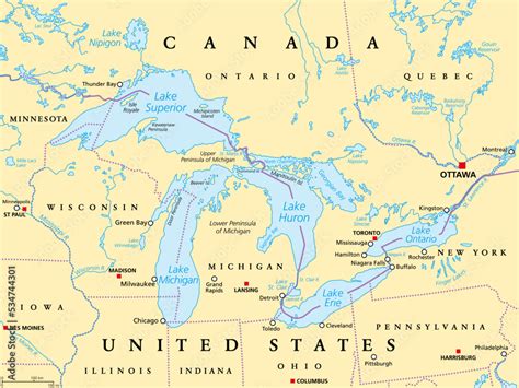 Great Lakes Of North America Political Map Lakes Superior Michigan