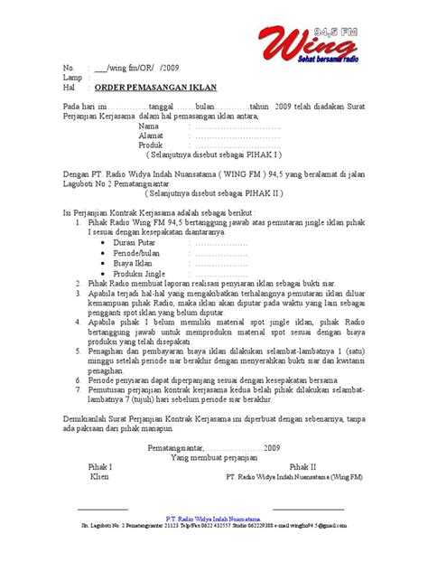 Berikut contoh langsung dari surat perjanjian kerjasama antara dua pihak. Surat Penawaran kerjasama