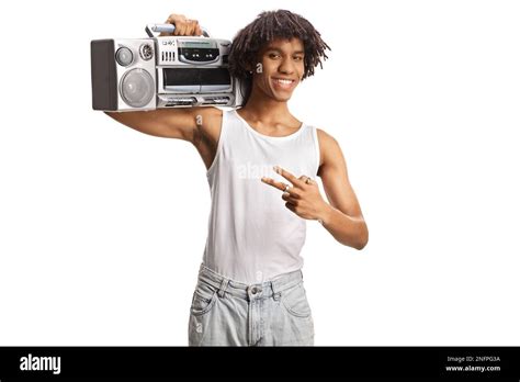 African American Young Man Holding A Boombox On Shoulder Isolated On