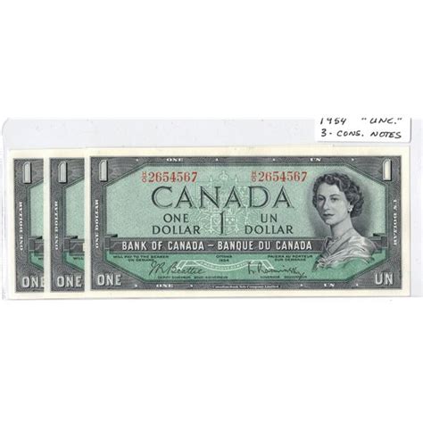 Three Consecutive 1954 Canadian One Dollar Bank Notes Uncirculated