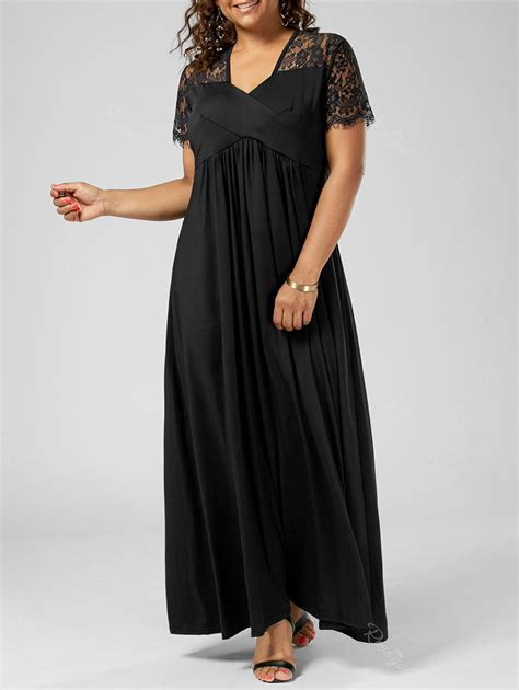 2018 Plus Size Lace Insert Maxi Formal Dress With Sleeves In Black 3xl