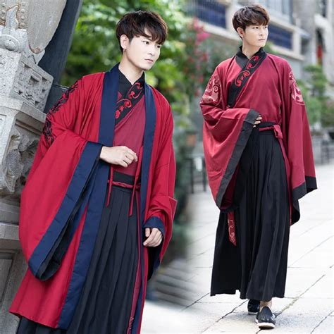 Hanfu Ancient Chinese Costume Red Tops Coat Black Skirts Men