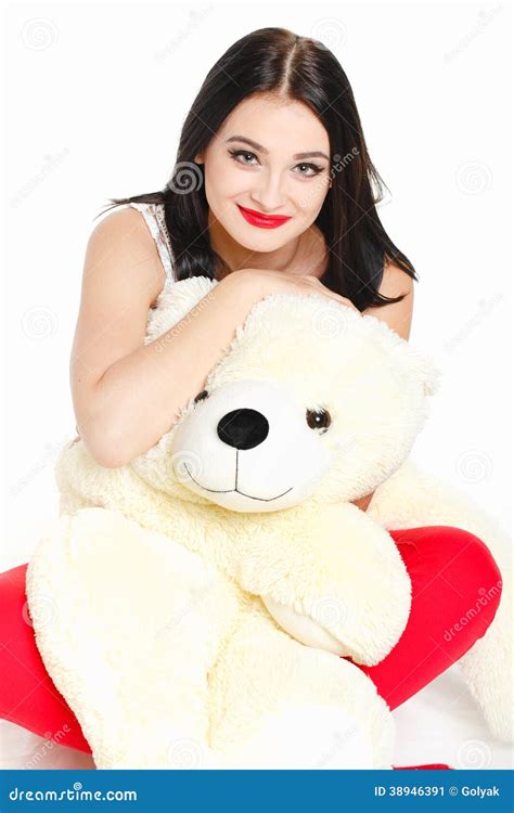 portrait of a woman with a teddy bear stock image image of blond grey 38946391