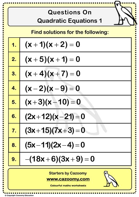 Solving Quadratic Equations Worksheet With Answers