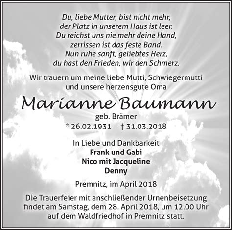 Traueranzeigen Von Marianne Baumann M Rkische Onlinezeitung Trauerportal