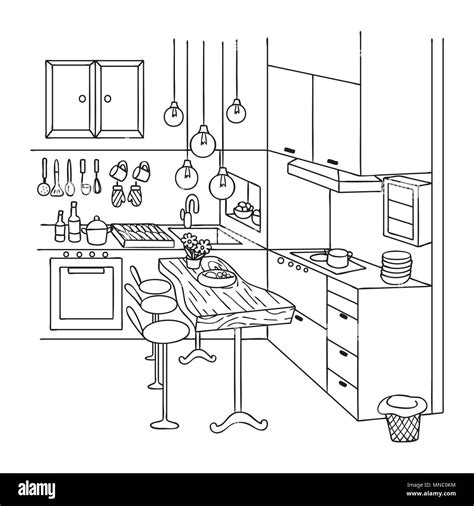 Hand Drawn Of Cute Interior Kitchen For Design Element And Coloring
