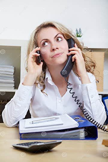 Woman Using Two Phones Stock Image Image Of Burnout 26036459