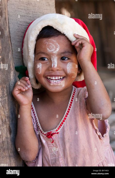 Myanmar Burma Mrauk U Young Village Girl Wearing A Christmas Hat