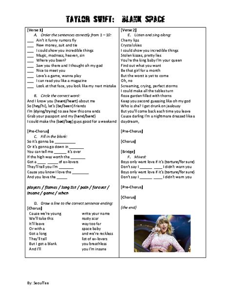 Song Worksheet Blank Space By Taylor Swift