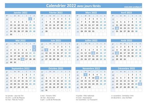 Calendrier 2022 Avec Les Dates Des Jours Fériés Légaux En France Tel