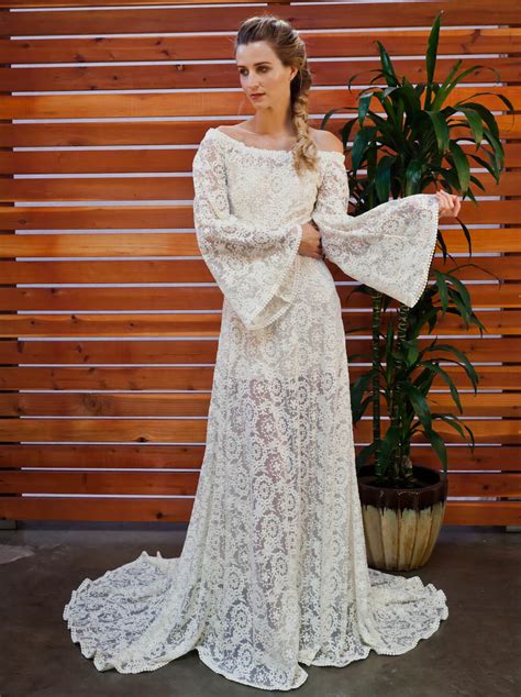 Off Shoulder Boho Lace Wedding Dress Dreamers And Lovers