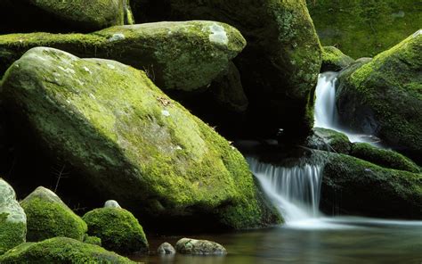 Nature Landscape Waterfall Rock Stones Long Exposure Stream Moss Wallpapers Hd Desktop