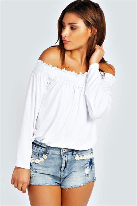 boohoo womens ladies kylie shirred off the shoulder top long sleeve blouse ebay