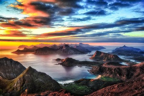 Nature Landscape Sunset Mountain Sea Beach Clouds Sky Lofoten