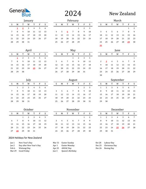 2024 New Zealand Calendar With Holidays Printable Calendar 2024 Nz