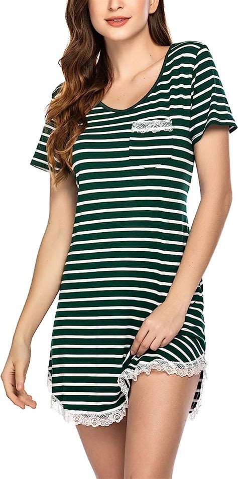 Ekouaer Womens Sleepshirt Striped Nightgown Ruffle Sexy Sleepdress V