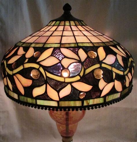 Lovely Vintage Tiffany Style Leaded Glass Lamp Shade 13 1 2 Wide Jeweled Insets Glass Lamp