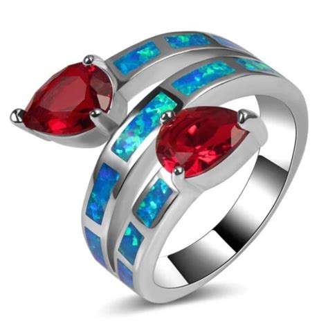 Size N Or Us 7 Sterling Silver Fire Blue Opal And Red Crystal Ring 154