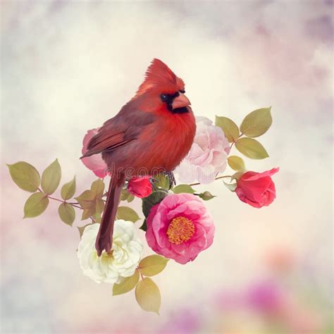 Male Northern Cardinal With Rose Flowers Stock Image Image Of Garden