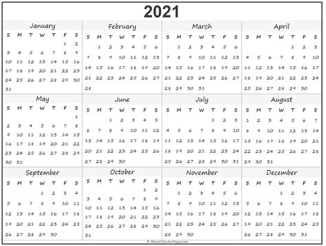 Download a variety of free 2021 calendar templates that you can edit, customize before download 2021 yearly calendar which includes 12 months on a single page. Print Yearly Calendar 2021 Free | Printable Calendar Design