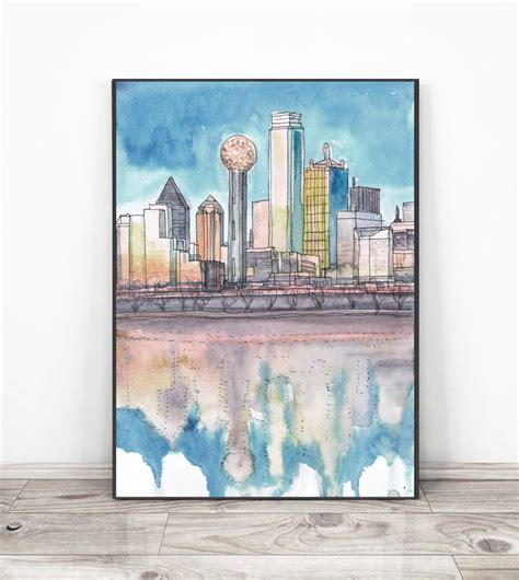 Dallas Skyline Wall Art Cityscape Watercolor Painting Print Etsy