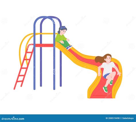 Kids Playing On A Slide Cartoon Children Sliding Down Colorful Slide