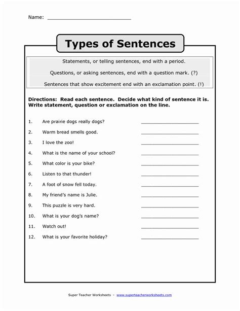 The Types Of Sentences Worksheet Is Shown In This Image It Shows