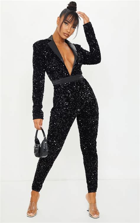 Black Premium Velvet Sequin Plunge Tailor Jumpsuit Prettylittlething