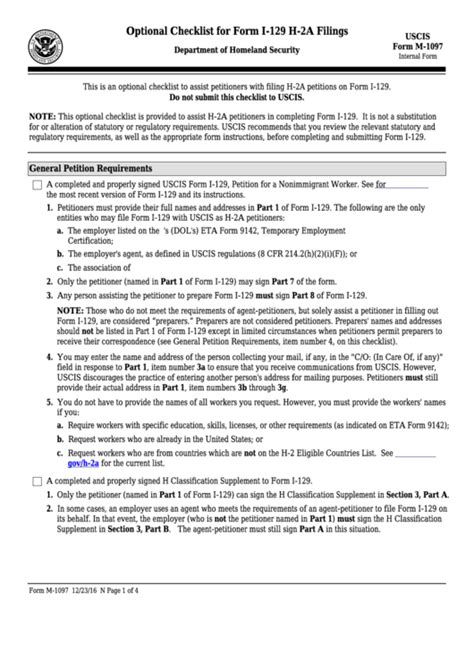 Fillable Form M 1097 Optional Checklist For Form I 129 H 2a Filings