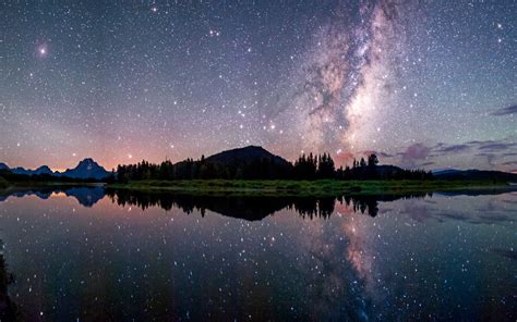 Nature Landscape Starry Night Milky Way Lake Reflection Mountains Long