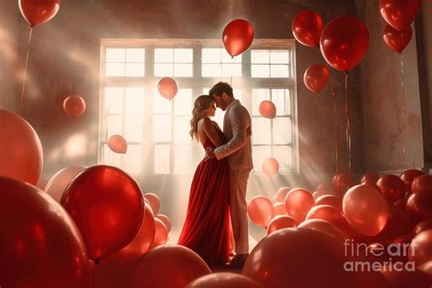 Beautiful Couple In Love Dancing Slow And Sensual Ballroom Dance In Large Room With Red Balloons