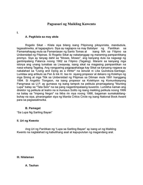 Pagsusuri Ng Maikling Kuwento A Pagkilala Sa May Akda Rogelio Sikat