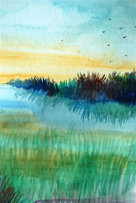 Watercolor Landscape Painting Original Art Meadow Field Etsy