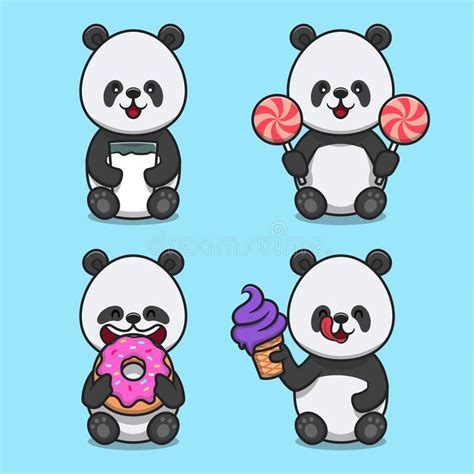 Set Of Cute Panda Cartoon Flat Illustrations Stock Vector