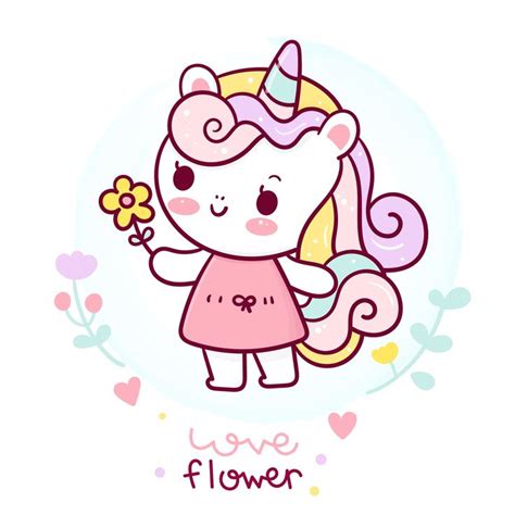 Flat Unicorn Fairy Cartoon Pony Child Vector With Flower Kawaii Style
