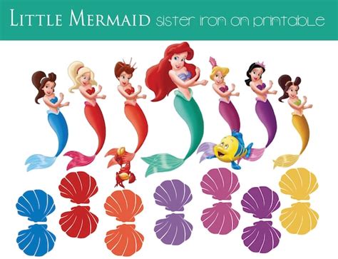 Ariel Little Mermaid Sisters Set Of 7 Shell Top Iron On Diy Etsy