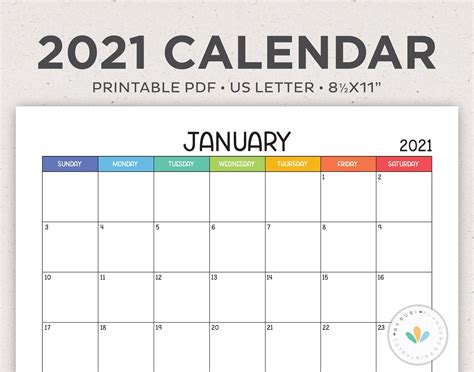 Sale Printable Monthly Calendar 2021 Calendar Printable Etsy In 2021