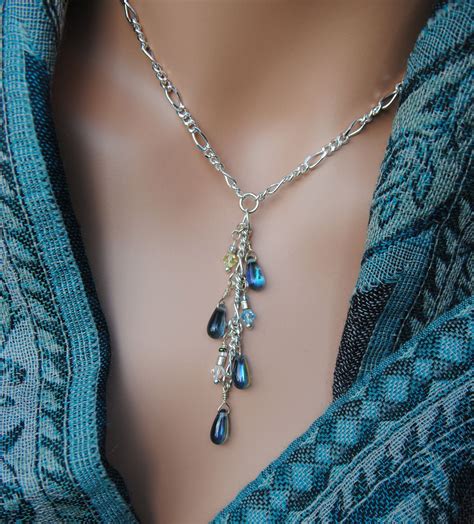 Swarovski Crystal And Glass Teardrop Bead Waterfall Dangle Necklace Wow