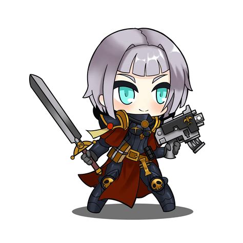 Safebooru 1girl Absurdres Adepta Sororitas Belt Blue Eyes Body Armor Bolter Cape Chibi