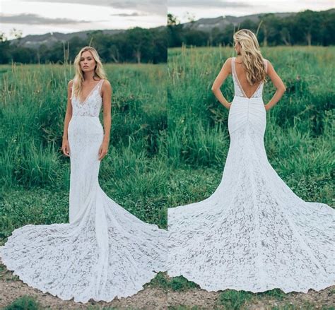 White lace backless wedding dress with belt spaghetti straps pearls white lace prom dress evening gowns women boho beach wedding dress fashionstreets. 2017 Romantic Boho Elegant Backless Lace Wedding Dresses V ...