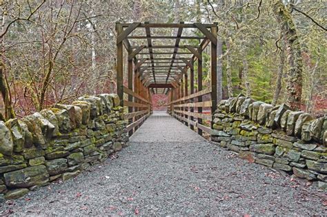 Stone Wall And Ornate Wooden Bridge With Pathway Leading Into Forest